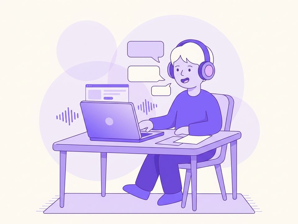 Illustration of a person practicing speaking alone, repeating after audio with headphones on