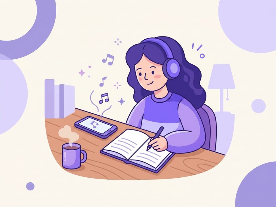 Illustration of a fan studying lyrics in a notebook with headphones on