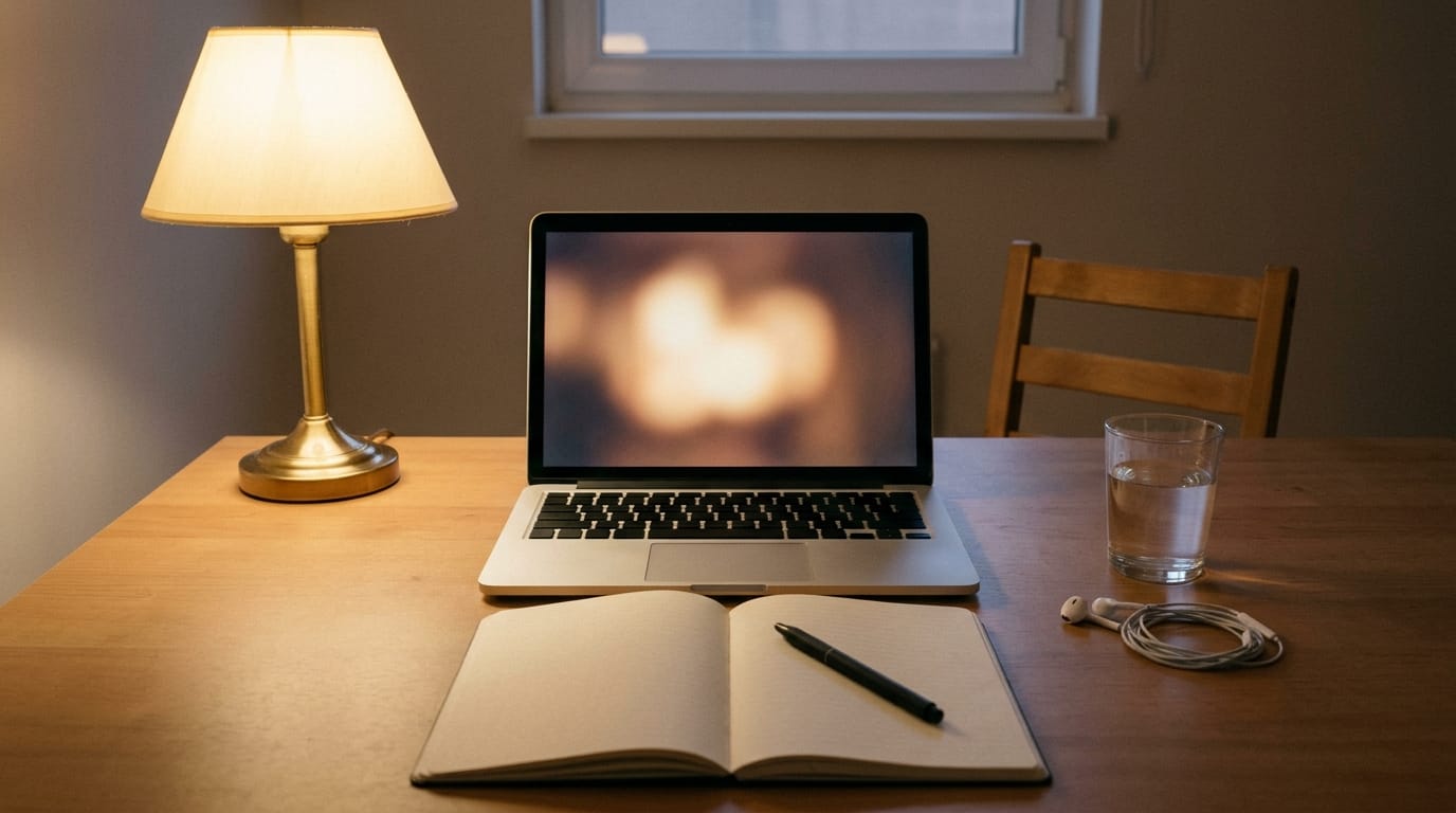 An empty desk before an online lesson: an open laptop with a softly glowing screen, an open blank notebook with a pen, earphones, a glass of water and a warm lamp.