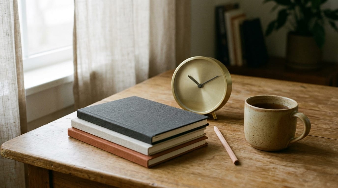 A small brass desk clock with a plain face, three stacked closed notebooks, a pencil and a ceramic mug on a wooden desk in morning window light.