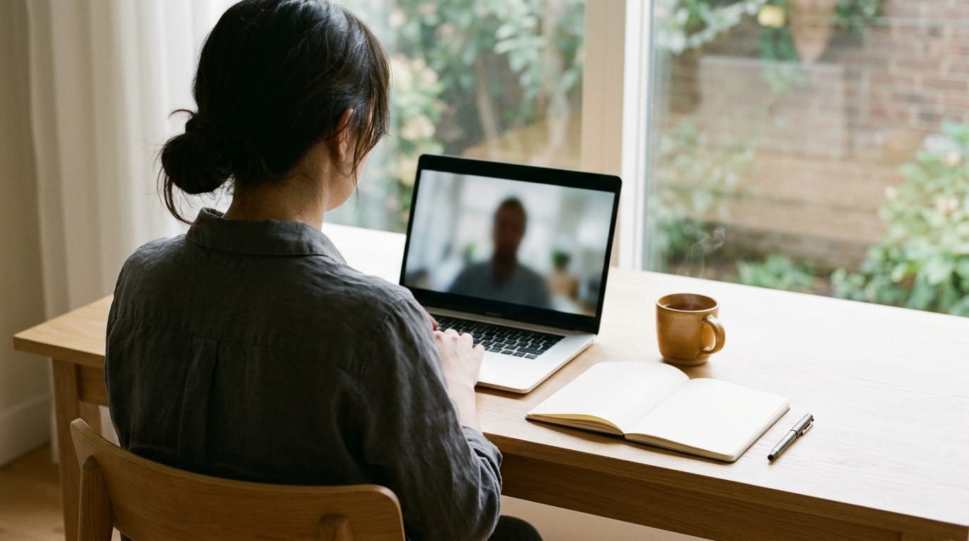 A learner seen from behind at a light wooden desk by a large window, a laptop showing a blurred video call, an open notebook, a pen and a cup of tea.