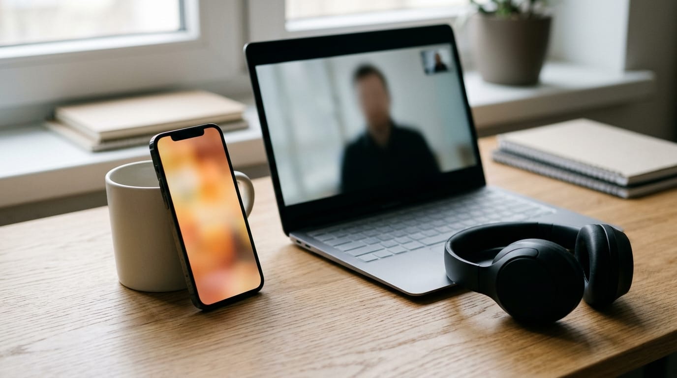 A smartphone propped against a mug beside an open laptop showing a blurred video call, with over-ear headphones resting on a wooden desk.