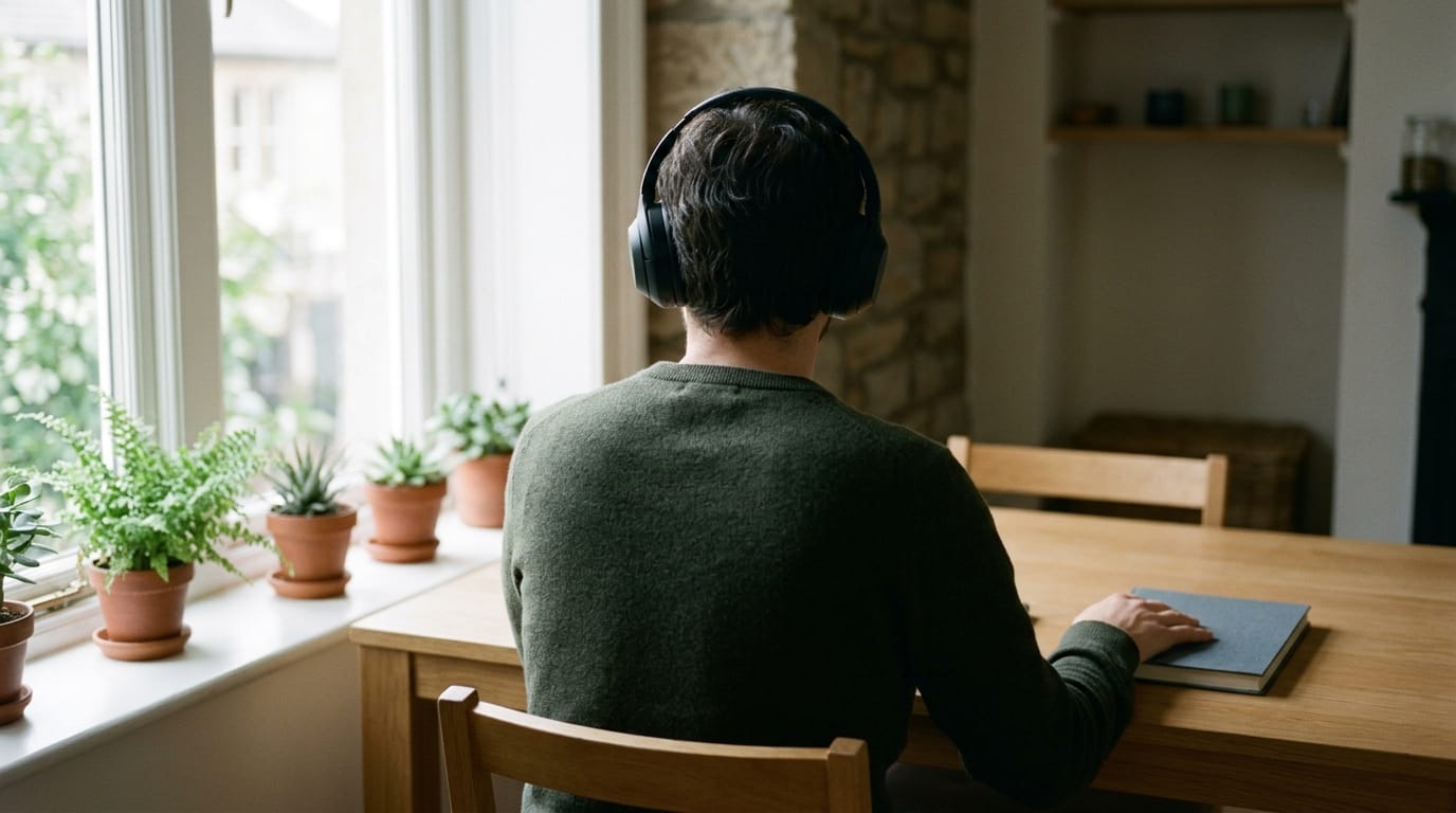 A person in over-ear headphones seen from behind at a wooden desk by a bright window with potted plants on the sill, one hand resting on a closed notebook.