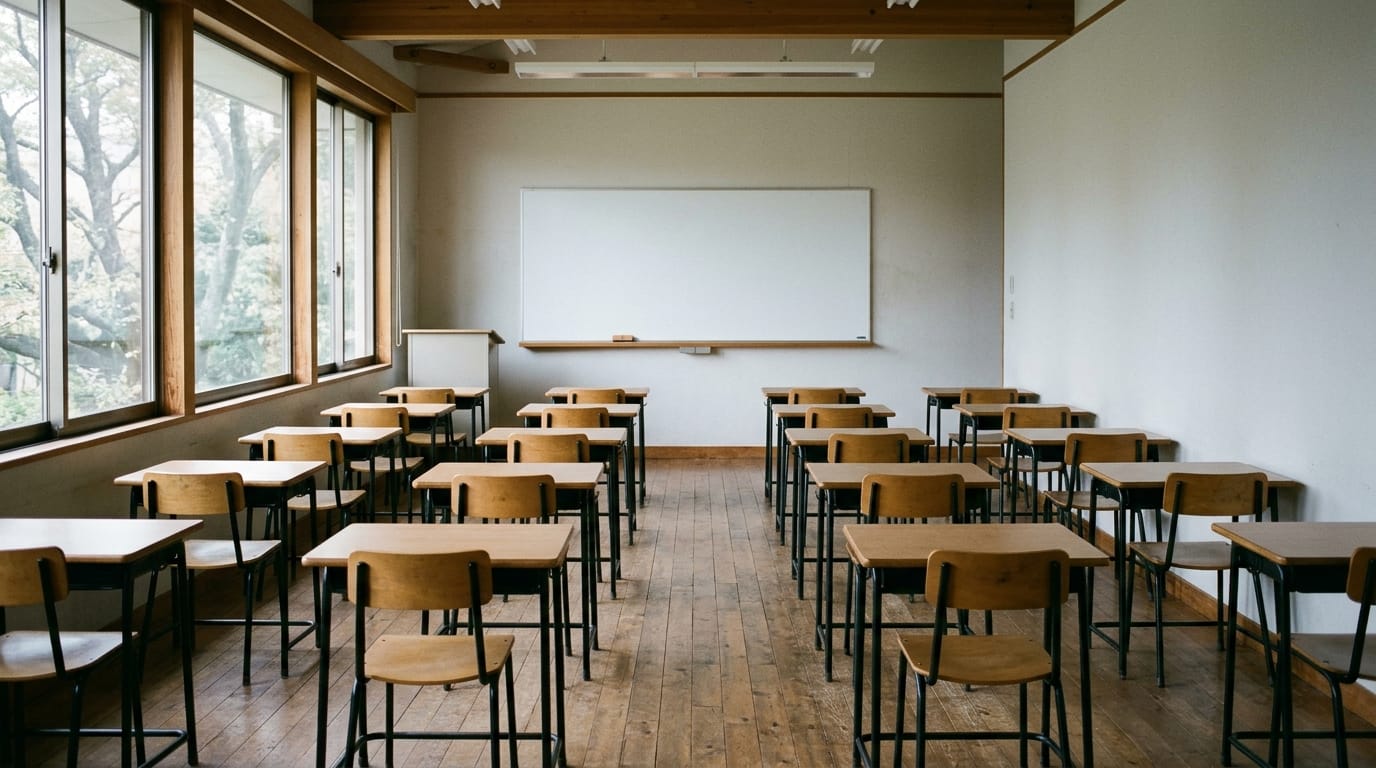 An empty classroom seen from the back, with rows of simple wooden desks and chairs and a blank whiteboard in soft side window light.