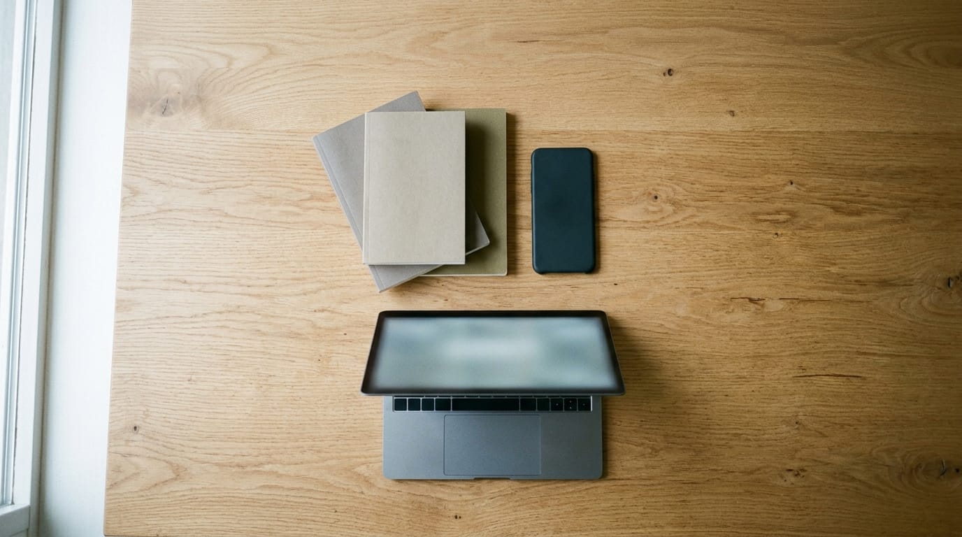 Top-down view of a light wooden desk with a small stack of plain notebooks, a smartphone and a half-open laptop arranged together.