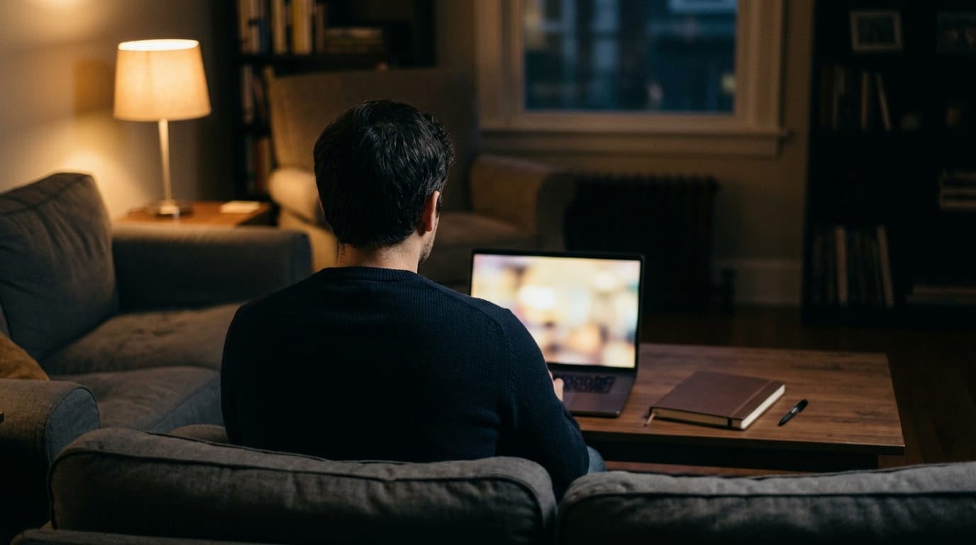 A person seen from behind on a sofa in a dim living room, watching a drama on a laptop with a blurred glowing screen, a closed notebook and pen on the coffee table, a warm lamp nearby.