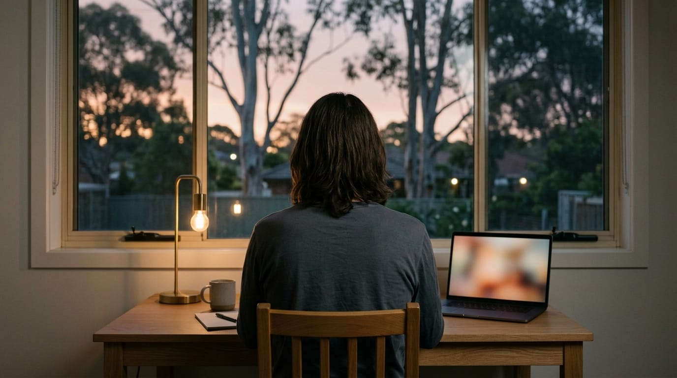 A person seen from directly behind at a desk facing a window at dusk, a laptop with a blurred screen and a warm lamp beside them, gum trees against a pink sky outside.