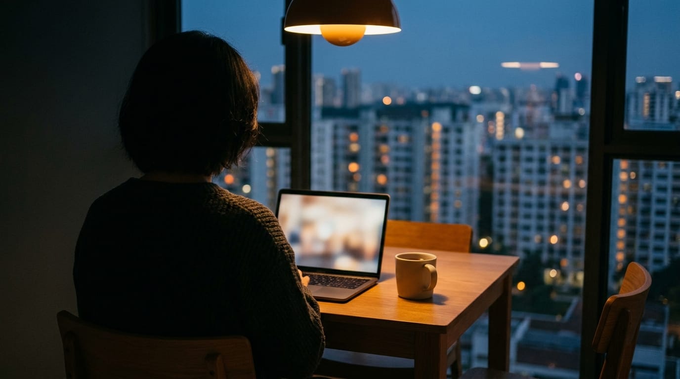 A person seen from behind at a small dining table in a high-rise flat in the evening, using a laptop with a mug beside it, with lit residential towers at dusk through the window.