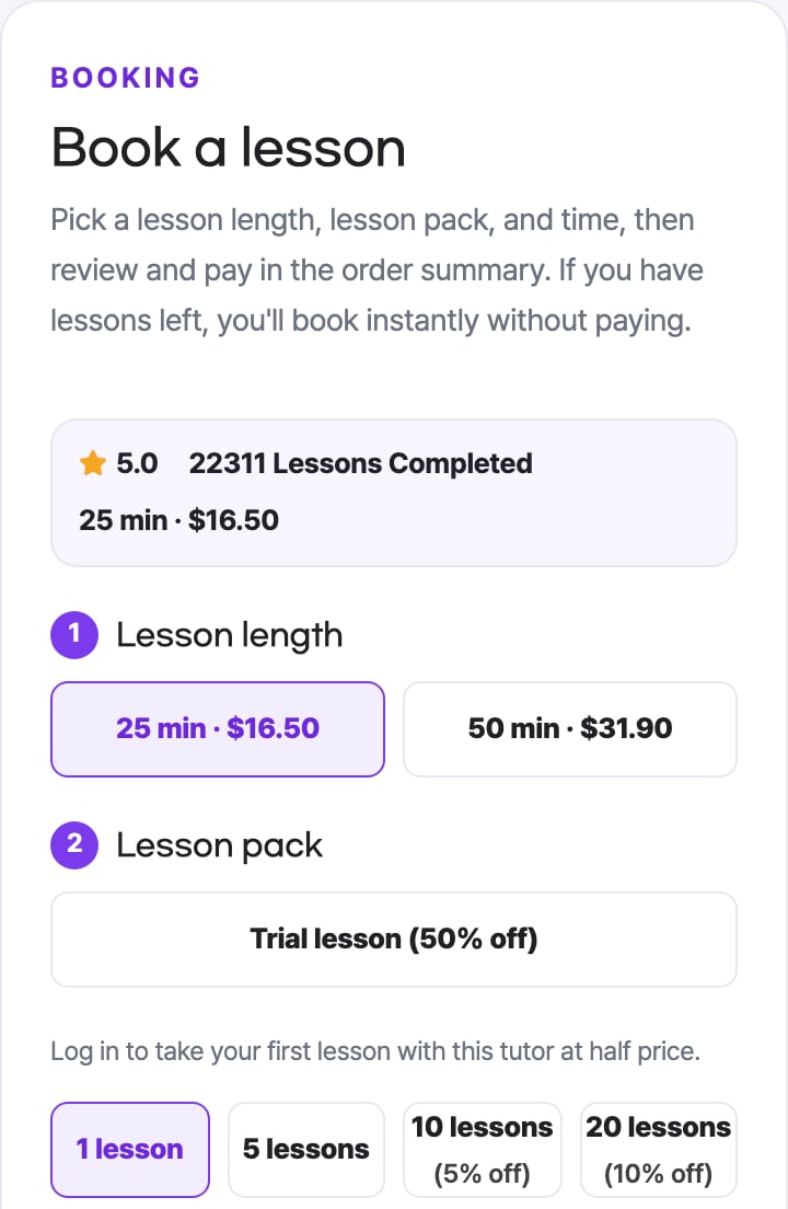 Haru's booking panel showing a 25-minute lesson at $16.50 and a 50-minute lesson at $31.90