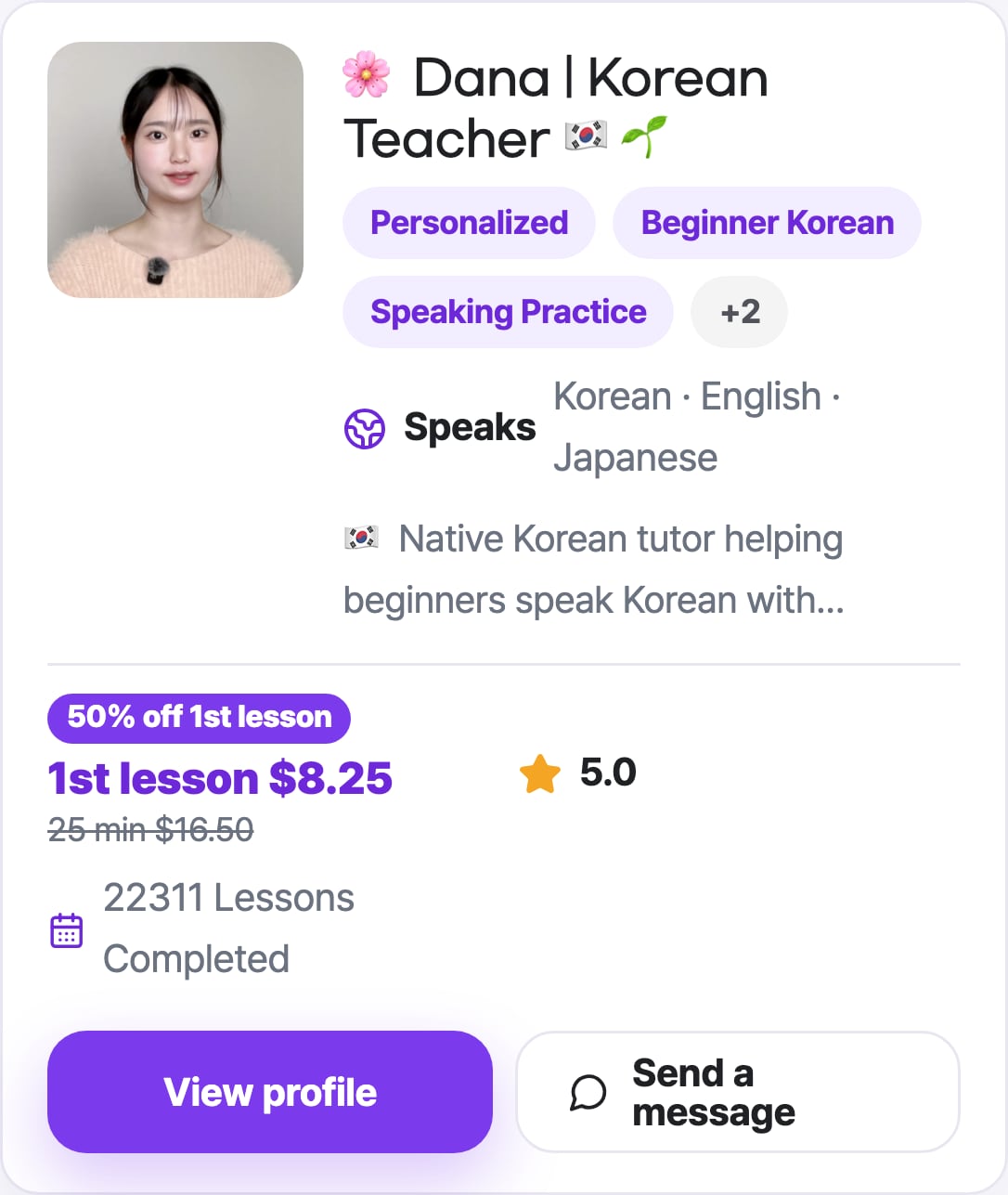 A Korean tutor card on Haru with a first lesson at $8.25 and a 25-minute price of $16.50