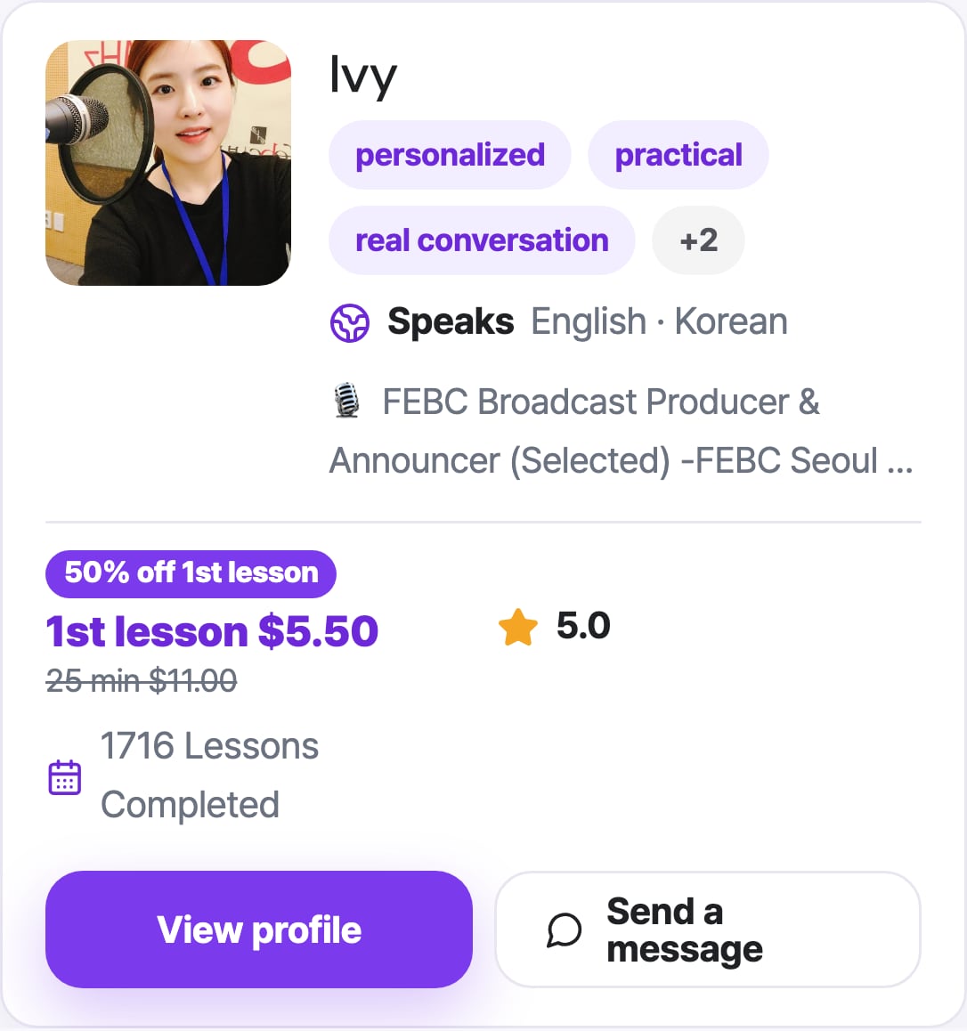 Haru's tutor list on a phone: a tutor card with tags, languages, first-lesson price and lessons completed