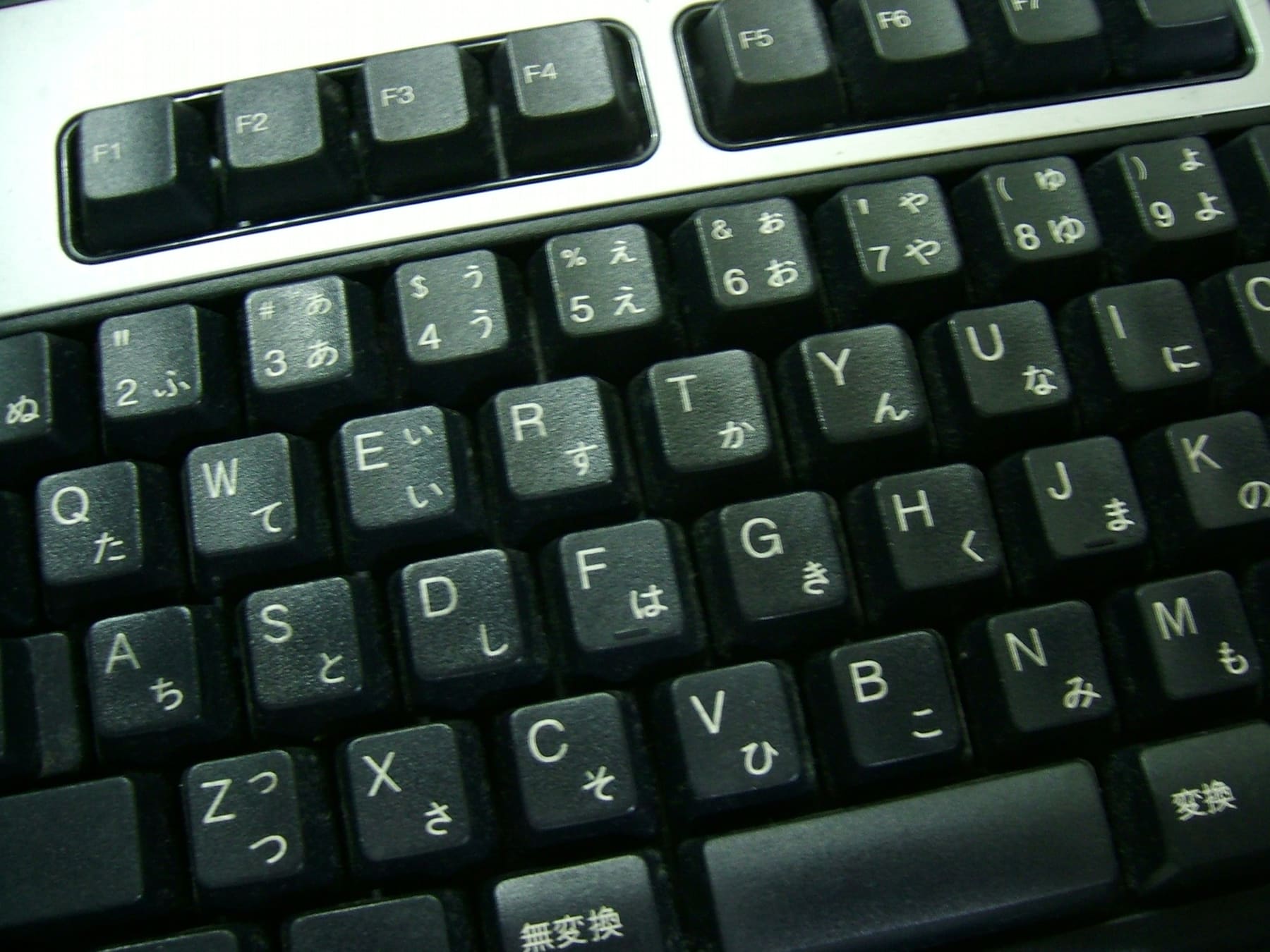 A close view of a keyboard with kana printed on the keycaps
