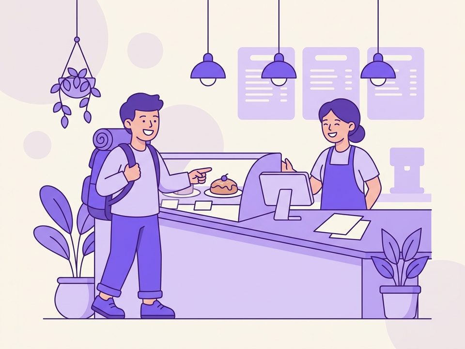 Illustration of a traveler pointing at a pastry to order at a cafe counter